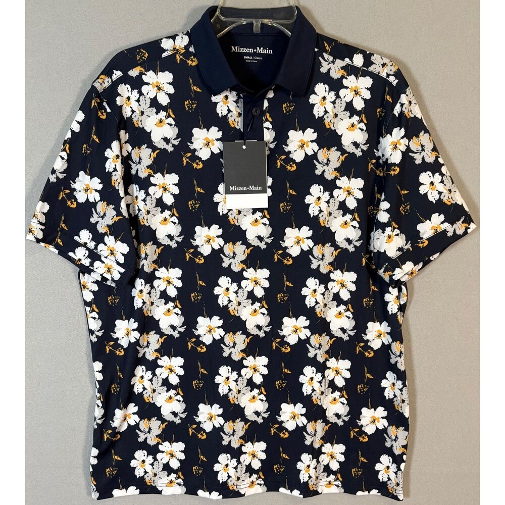 NWT Mizzen Main Versa Polo Mens S Navy Floral UPF 50+ Performance Trim Fit